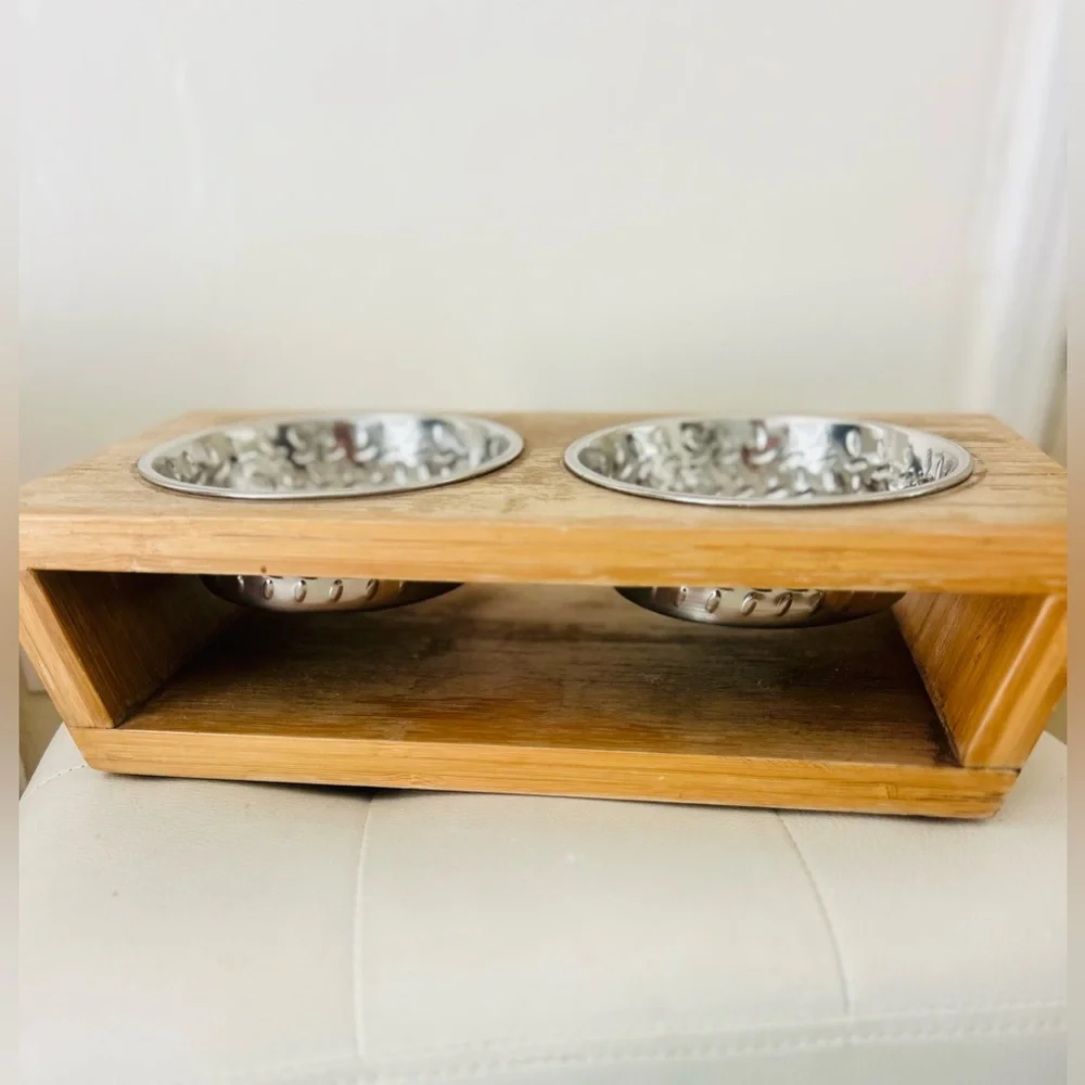 Loving Pets Double Raised Pet Dishes Stainless Steel Birch Stand NWT